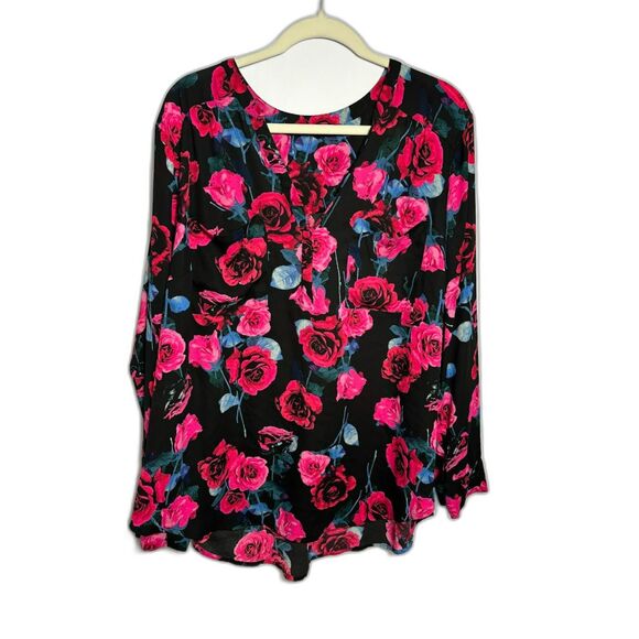 Torrid Blouse Women's 3 XL Black Dark Floral Pink Harper Georgette Top Office - Picture 2 of 4